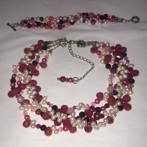Pearl and Rose Multi-Strand Necklace with Matching Bracelet